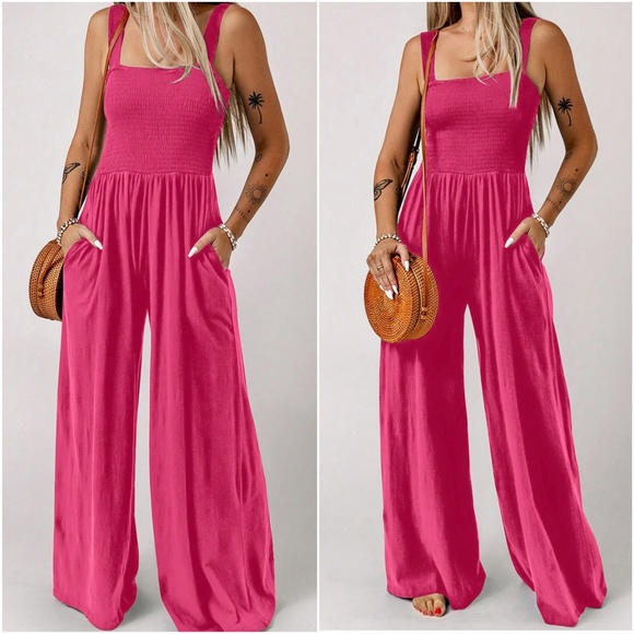 Boho Smocked Bodice Wide Leg Cami Jumpsuit - Picture 4 of 9